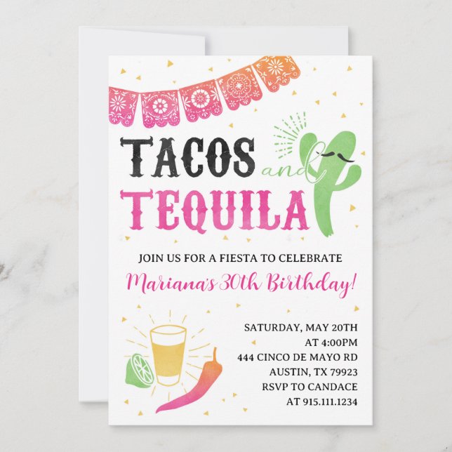 Invitación de cumpleaños para fiesta de Tacos y Te (Anverso)