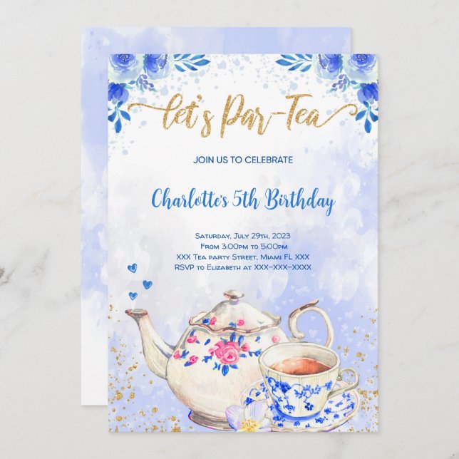 Invitación de cumpleaños para fiesta de té azul y  (Anverso / Reverso)