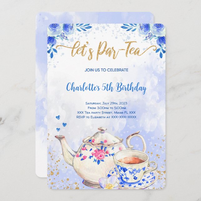 Invitación de cumpleaños para fiesta de té azul y  (Anverso / Reverso)