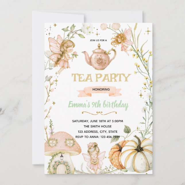 Invitación de cumpleaños para fiesta de té de hada (Anverso)