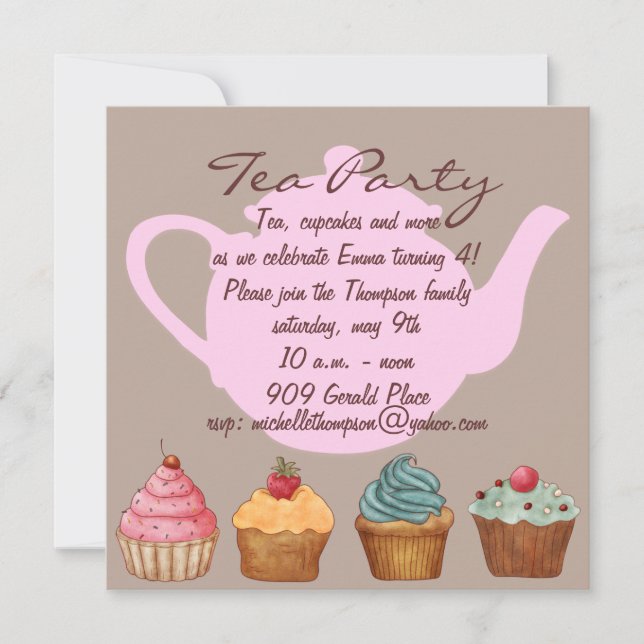 Invitación de cumpleaños para fiesta de té de past (Anverso)