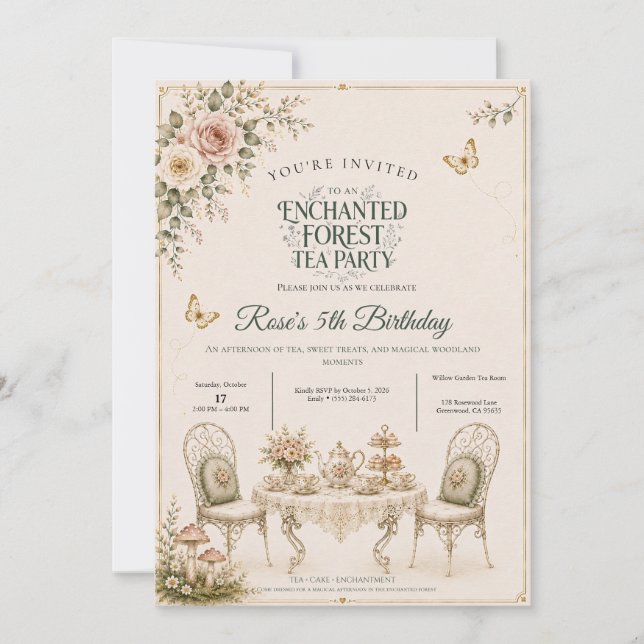Invitación de cumpleaños para fiesta de té en el B (Anverso)