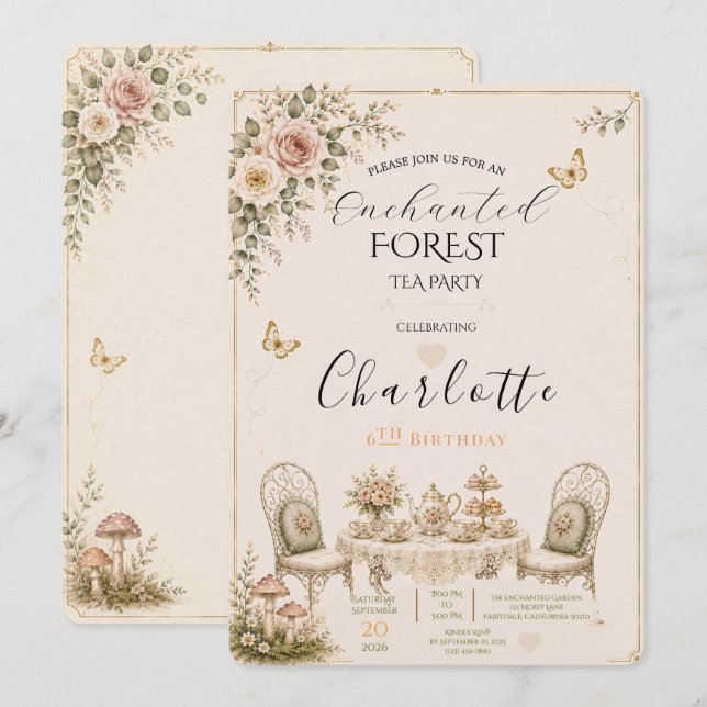Invitación de cumpleaños para fiesta de té en el B (Anverso / Reverso)