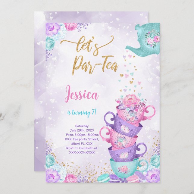 Invitación de cumpleaños para fiesta de té morado  (Anverso / Reverso)