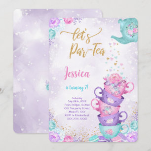 Invitación de cumpleaños para fiesta de té morado