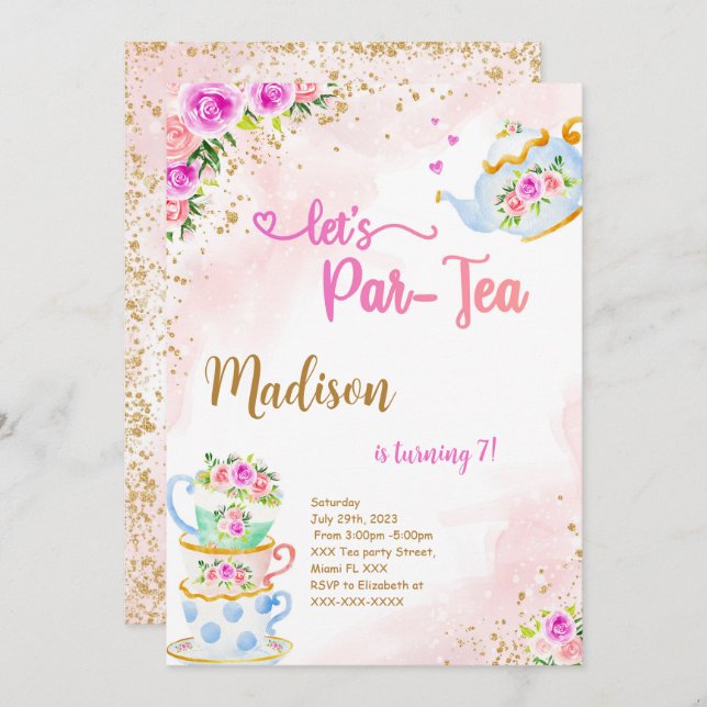 Invitación de cumpleaños para fiesta de té rosa y  (Anverso / Reverso)