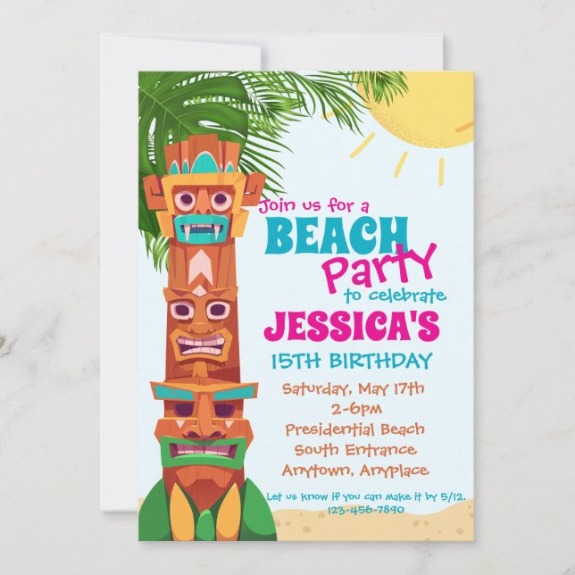 Invitación de cumpleaños para fiesta de Tiki en la (Anverso)