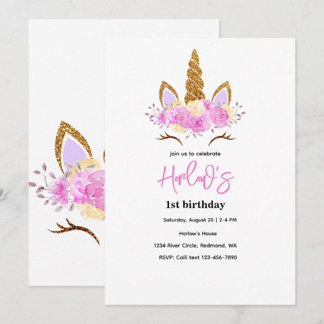 Invitación de cumpleaños para fiesta de unicornio  (Anverso / Reverso)