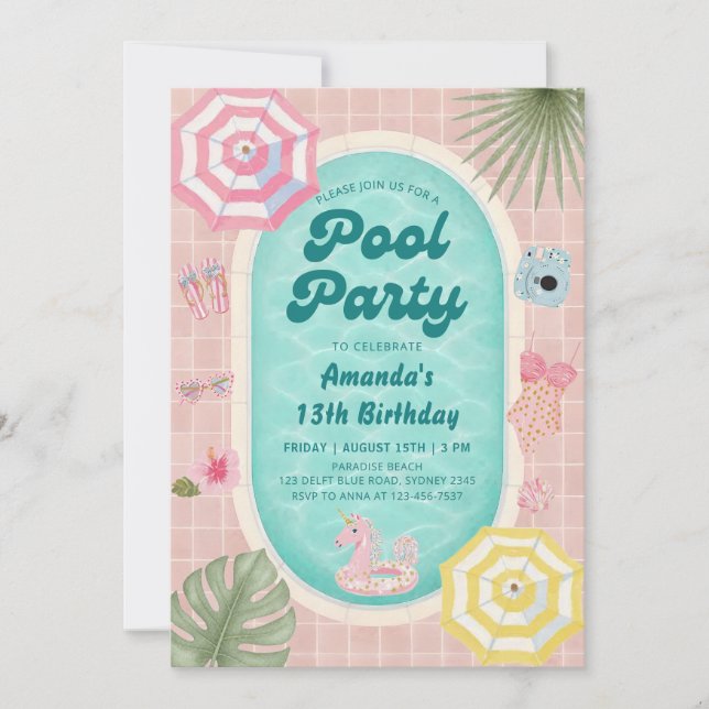 Invitación de cumpleaños para fiesta de verano en  (Anverso)