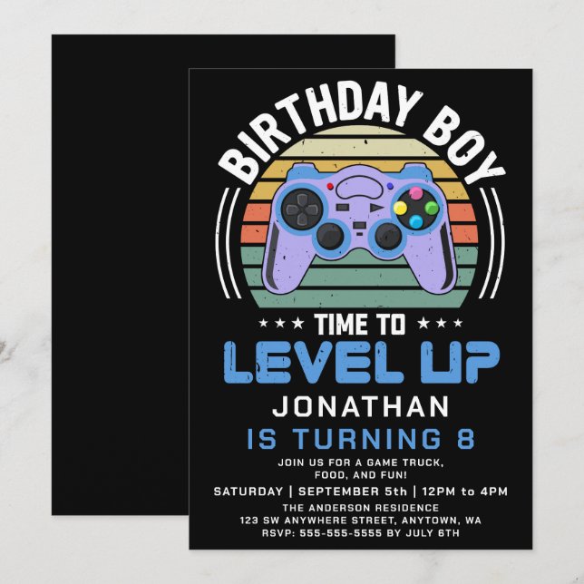 Invitación de cumpleaños para fiesta de videojuego (Anverso / Reverso)