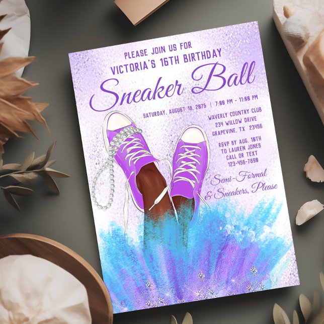 Invitación de cumpleaños para fiesta de zapatillas (Purple teal sneaker ball invitation. Instant download file and printed invitations available.)