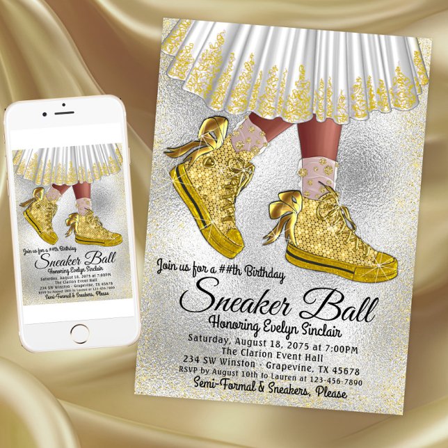 Invitación de cumpleaños para fiesta de zapatillas (Girl Gold Sneaker Ball Birthday Party Invitation. Instant download and printed invitations available)