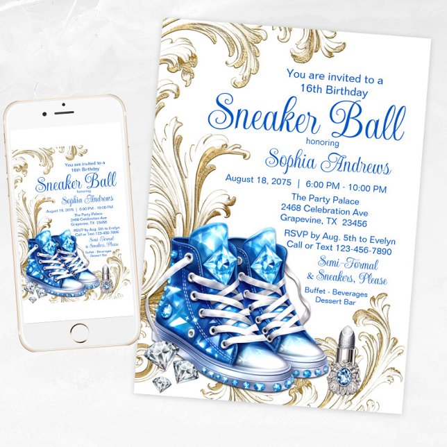Invitación de cumpleaños para fiesta de zapato de  (Girl Blue Gold Sneaker Ball Invitation with diamond sneakers.)