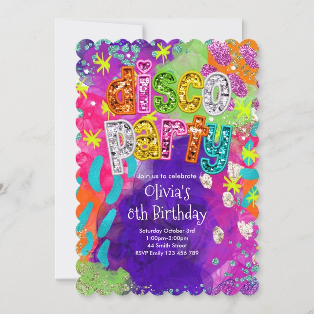 Invitación de cumpleaños para fiesta disco (Anverso)