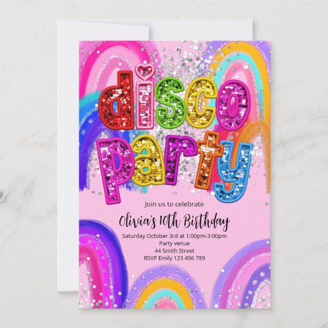 Invitación de cumpleaños para fiesta disco (Anverso)
