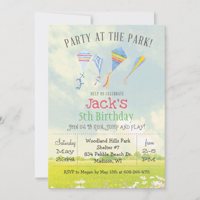 Invitación de cumpleaños para fiesta en el parque  (Anverso)
