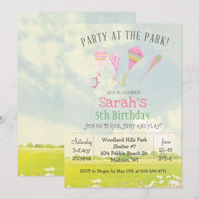 Invitación de cumpleaños para fiesta en el parque  (Anverso / Reverso)