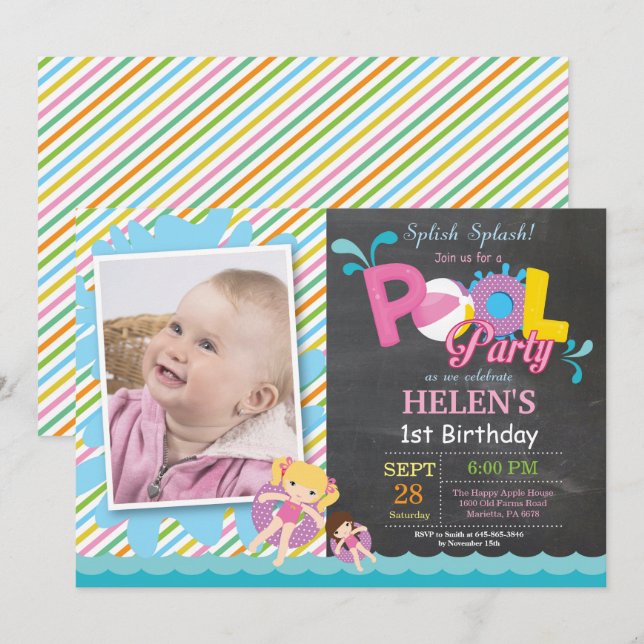 Invitación de cumpleaños para fiesta en la piscina (Anverso / Reverso)