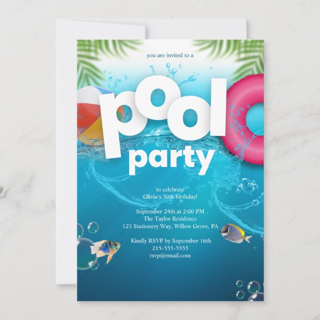 Invitación de cumpleaños para fiesta en la piscina (Anverso)