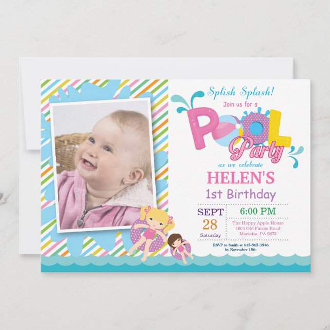 Invitación de cumpleaños para fiesta en la piscina (Anverso)