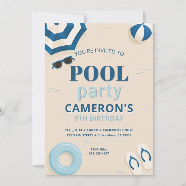 Invitación de cumpleaños para fiesta en la piscina (Anverso)