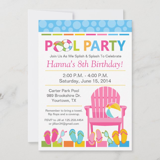 Invitación de cumpleaños para fiesta en la piscina (Anverso)
