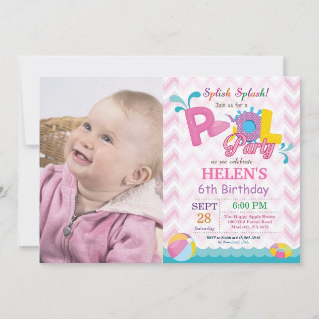 Invitación de cumpleaños para fiesta en la piscina (Anverso)