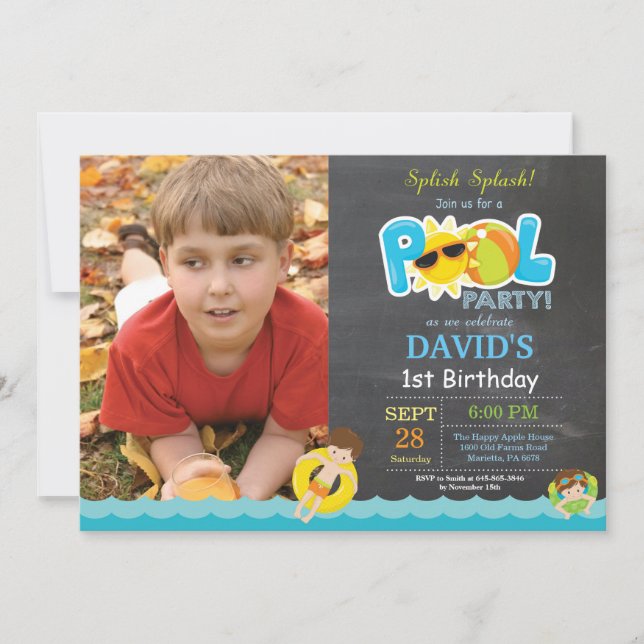 Invitación de cumpleaños para fiesta en la piscina (Anverso)