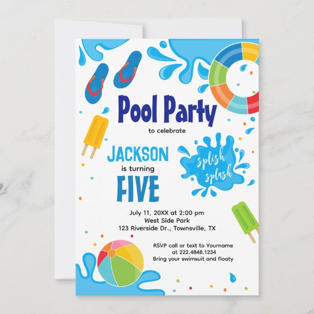 Invitación de cumpleaños para fiesta en la piscina (Anverso)