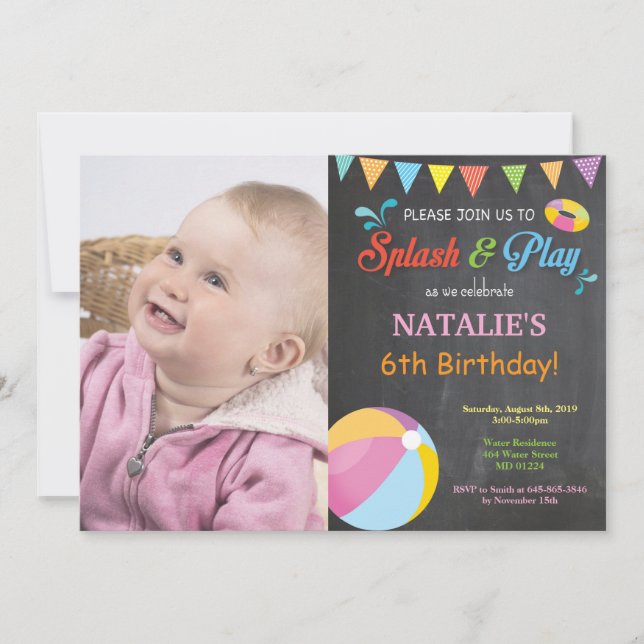 Invitación de cumpleaños para fiesta en la piscina (Anverso)
