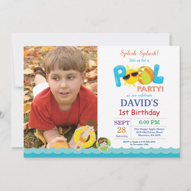 Invitación de cumpleaños para fiesta en la piscina (Anverso)