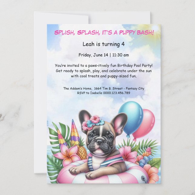 Invitación de cumpleaños para fiesta en la piscina (Anverso)