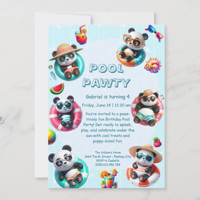 Invitación de cumpleaños para fiesta en la piscina (Anverso)