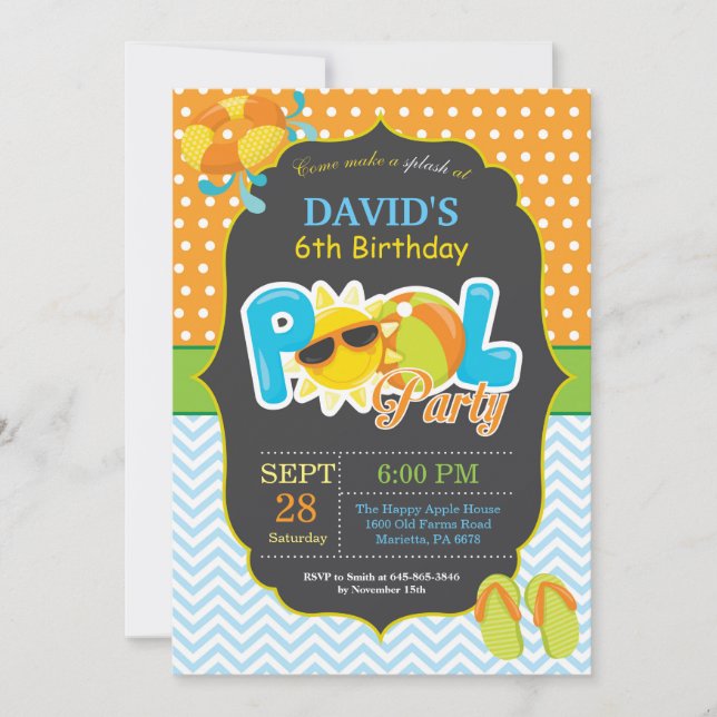 Invitación de cumpleaños para fiesta en la piscina (Anverso)