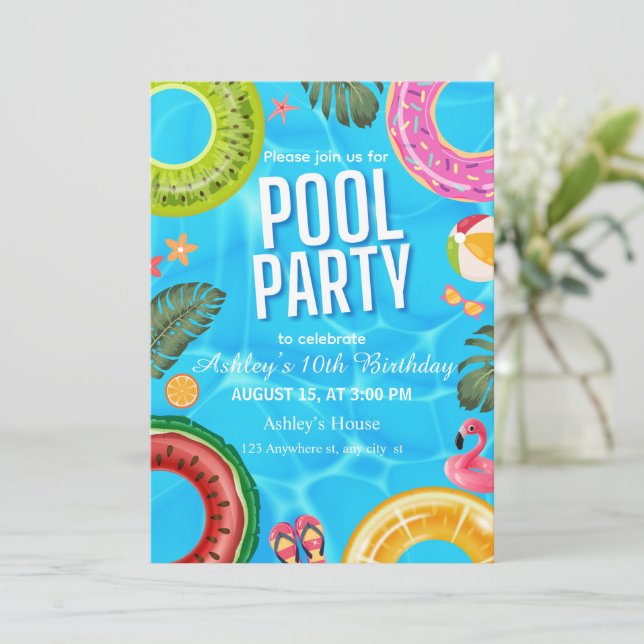 Invitación de cumpleaños para fiesta en la piscina (Anverso de pie)