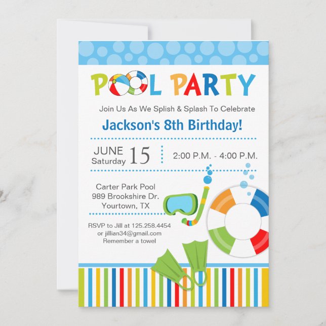 Invitación de cumpleaños para fiesta en la piscina (Anverso)