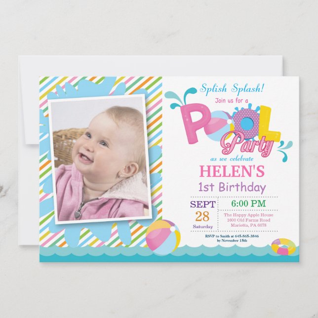 Invitación de cumpleaños para fiesta en la piscina (Anverso)