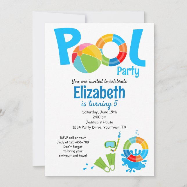 Invitación de cumpleaños para fiesta en la piscina (Anverso)