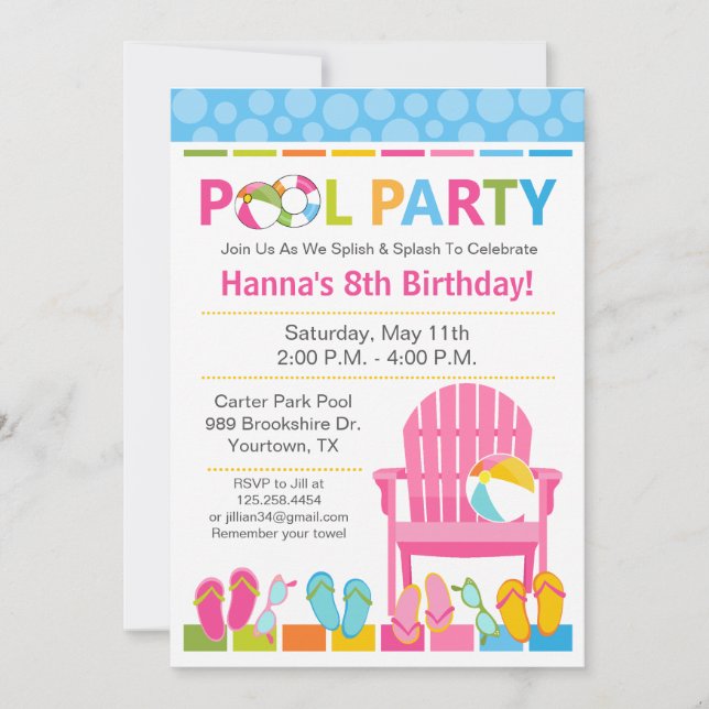 Invitación de cumpleaños para fiesta en la piscina (Anverso)