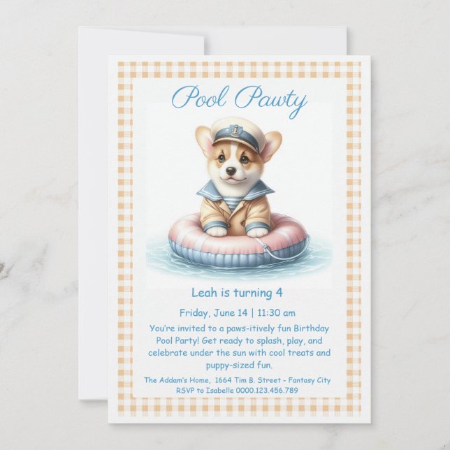 Invitación de cumpleaños para fiesta en la piscina (Anverso)