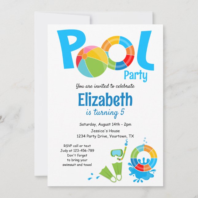Invitación de cumpleaños para fiesta en la piscina (Anverso)