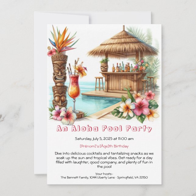 Invitación de cumpleaños para fiesta en la piscina (Anverso)