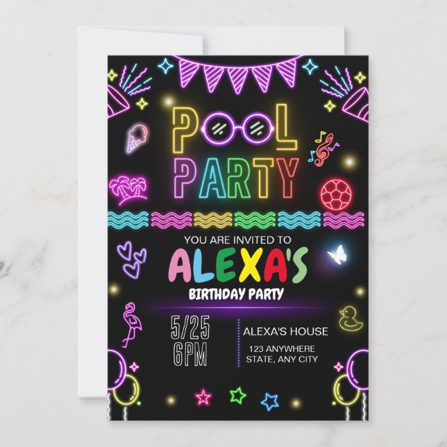 Invitación de cumpleaños para fiesta en la piscina (Anverso)