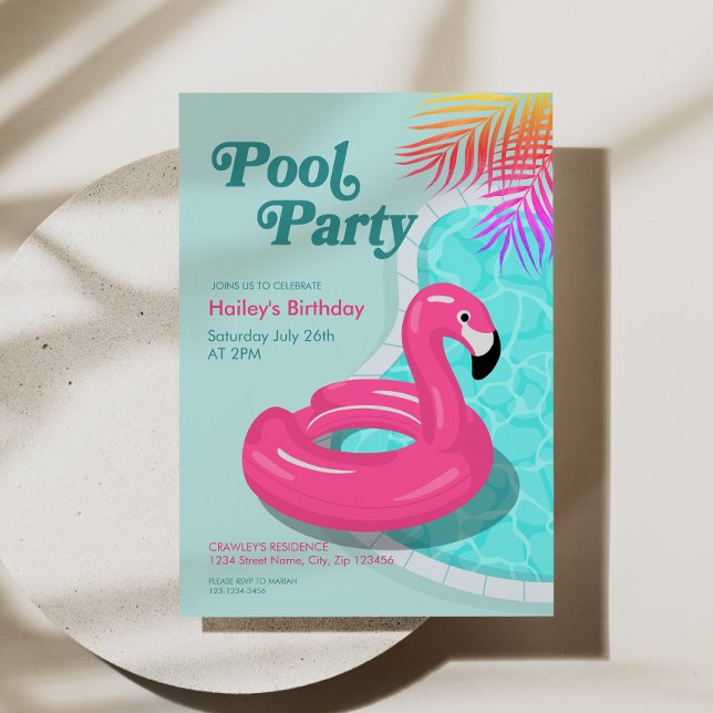 Invitación de cumpleaños para fiesta en la piscina (Flamingo Pool Party Birthday Invite Pink)