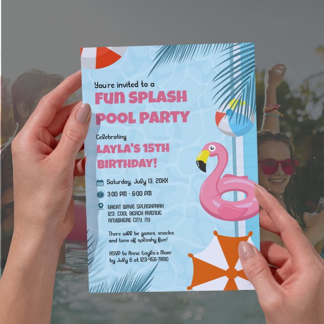 Invitación de cumpleaños para fiesta en la piscina (Pink & Blue Splash Pool Party Birthday Invitation)