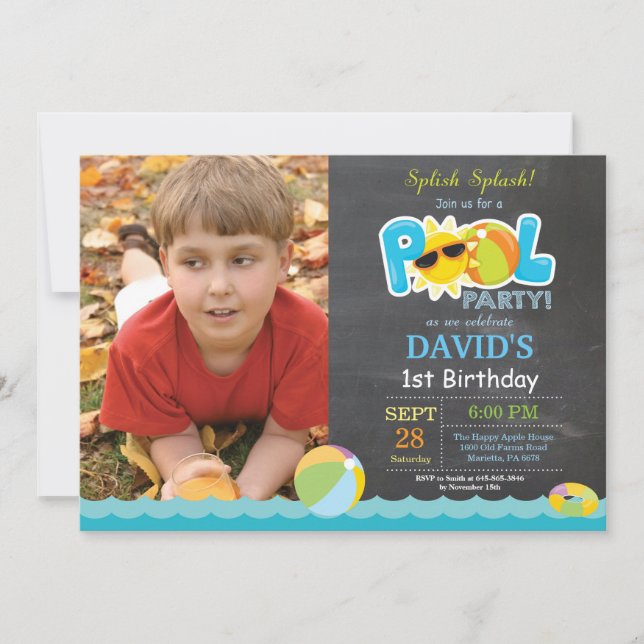 Invitación de cumpleaños para fiesta en la piscina (Anverso)
