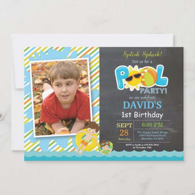 Invitación de cumpleaños para fiesta en la piscina (Anverso)