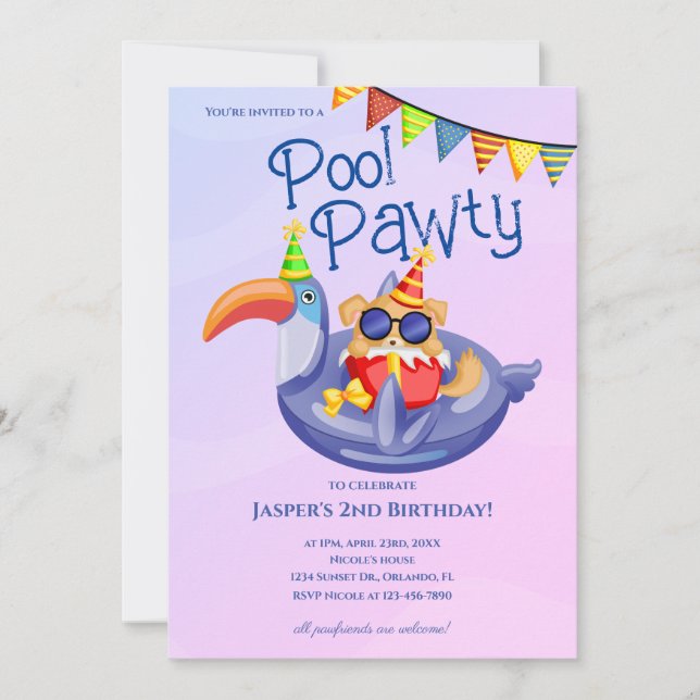 Invitación de cumpleaños para fiesta en la piscina (Anverso)