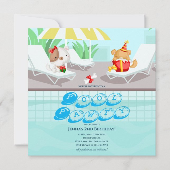 Invitación de cumpleaños para fiesta en la piscina (Anverso)