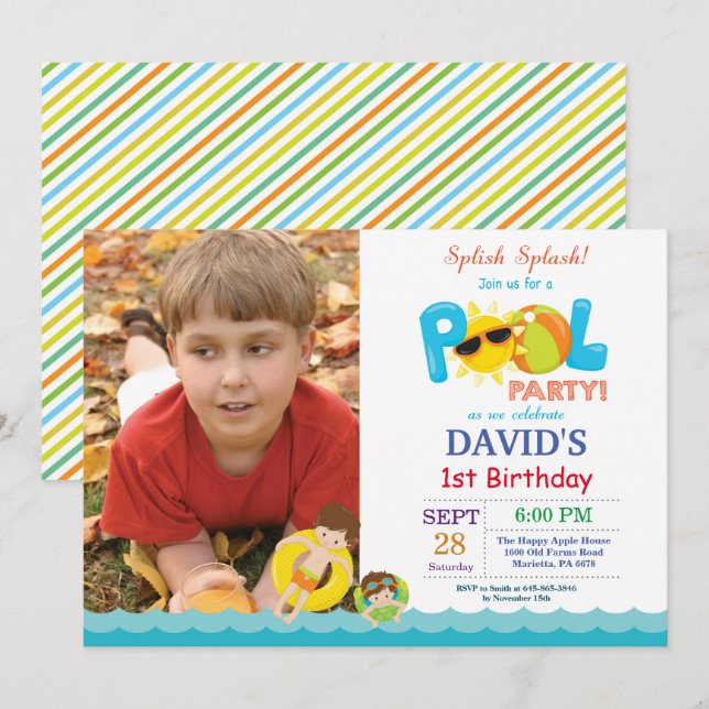 Invitación de cumpleaños para fiesta en la piscina (Anverso / Reverso)
